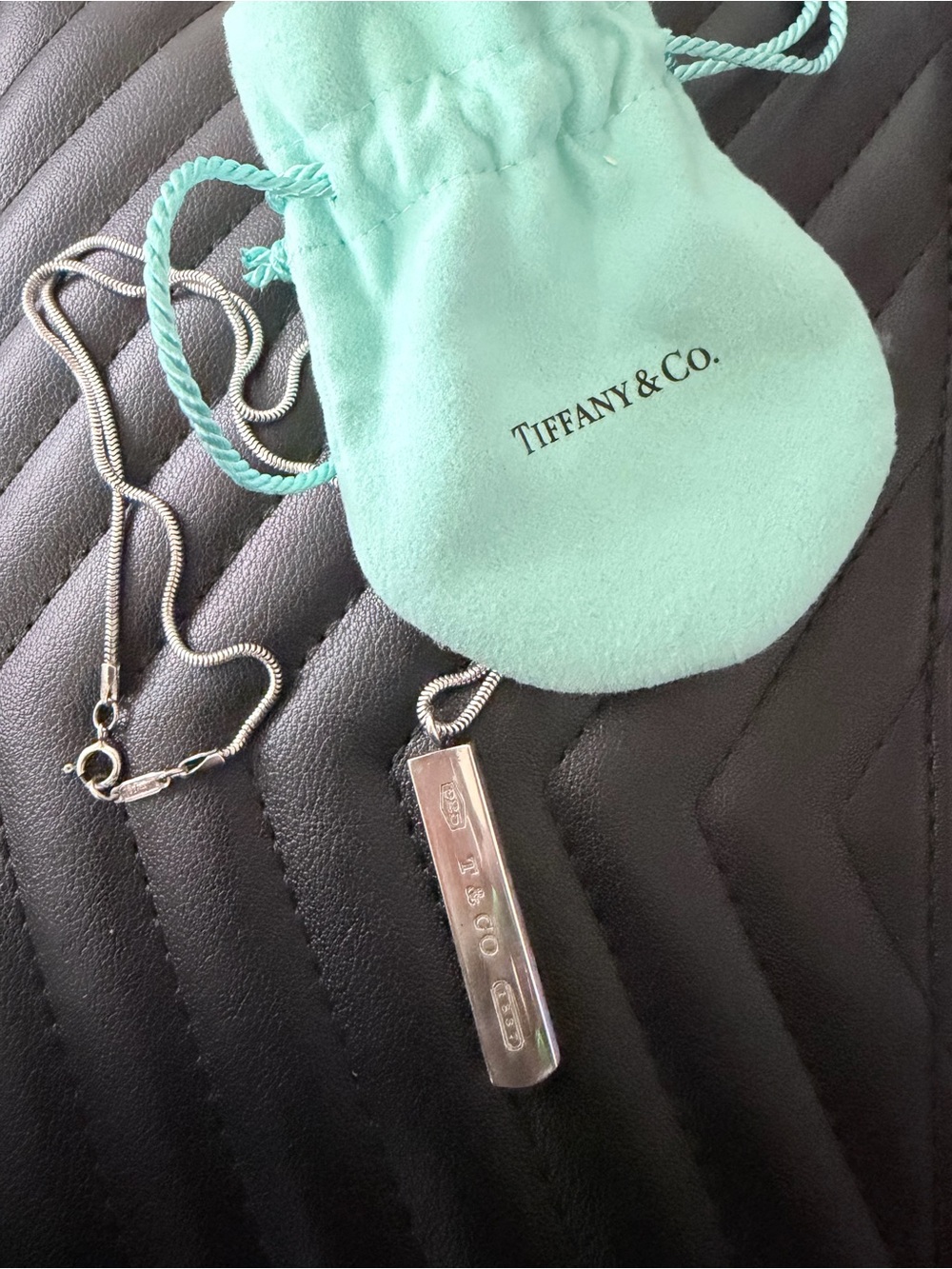 Tiffany & Co. Sterling Silver Bar Pendant Necklace with Tiffany Blue Pouch